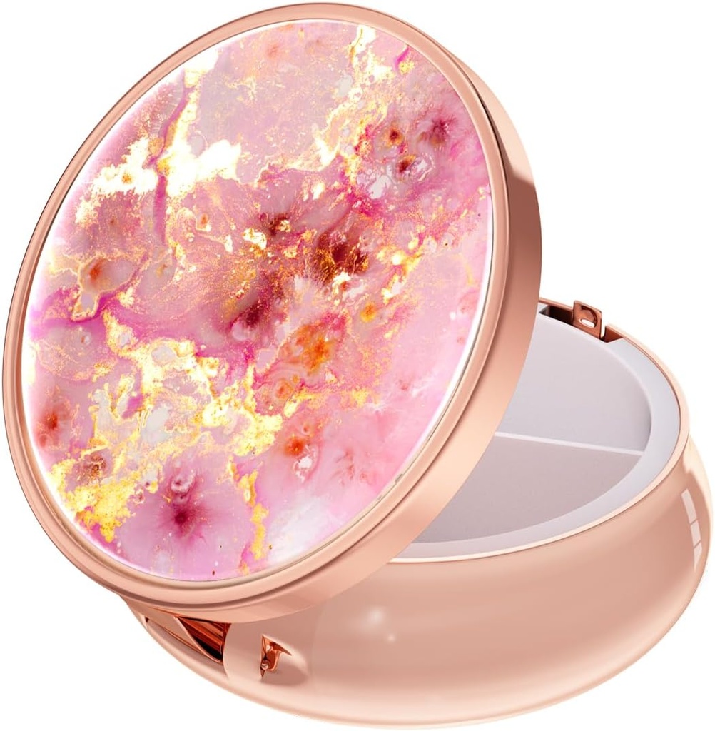 Rouidr Pill Box, 3 Compartment Medicine Pill Case, Small Metal Travel Medicine Box for Purse & Pocket, Rose Gold, Gold Pink Marble