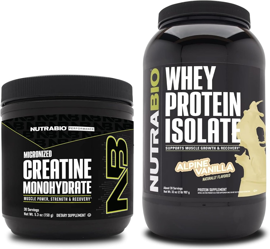 NutraBioクレアチンモノハイドレート、アンフレーバー、150gとウィープロテインアイソレート、アルパインバニラ、サプリメントバンドル - 筋肉エネルギー、リーン筋肉の成長、回復、および強度