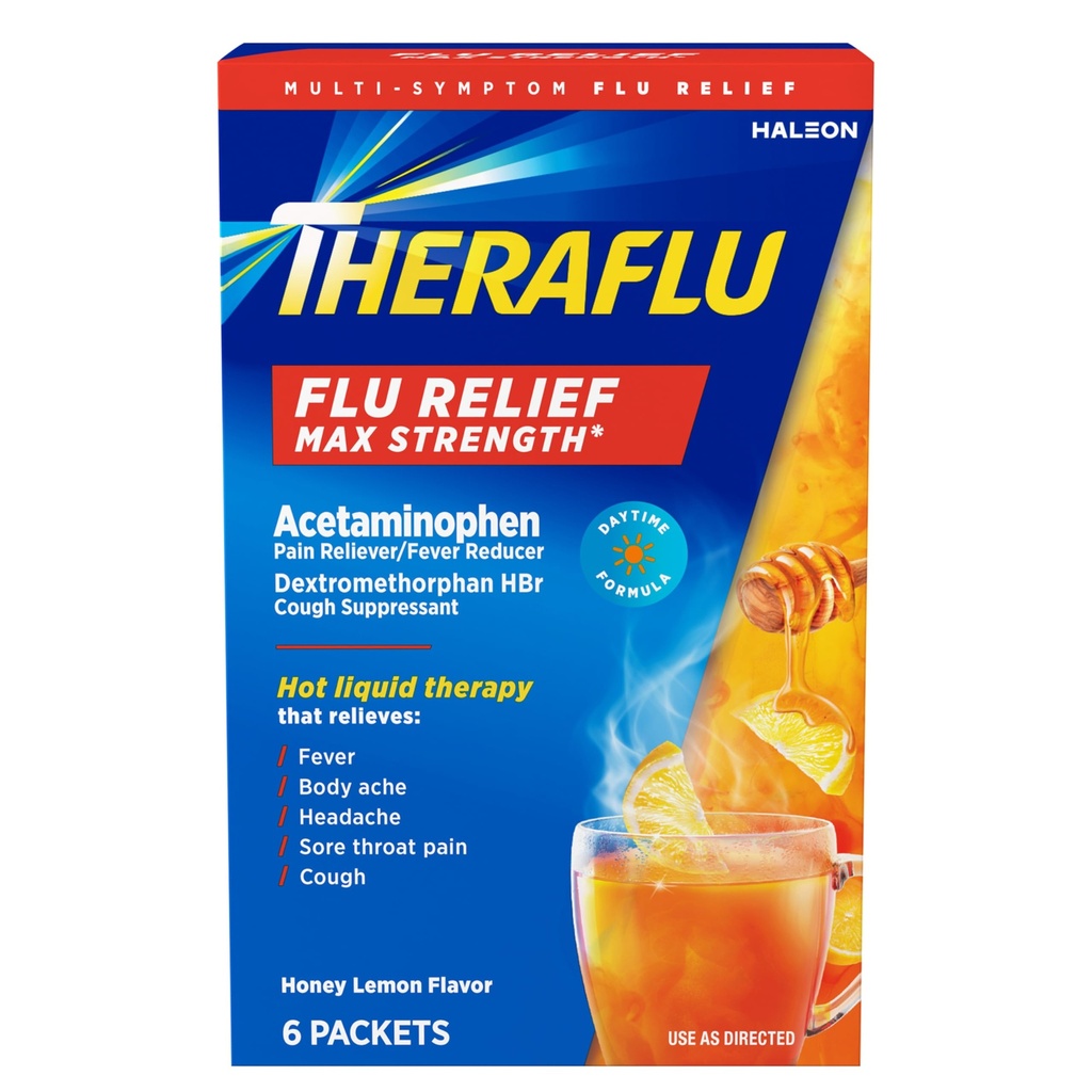 アセトアミノフェンとデキストロメトルファンHBr、ハニーレモン風味のFlu症状救済のためのTheraflu Max強度昼間のフルインフルエンザ - 6パウダーパケット