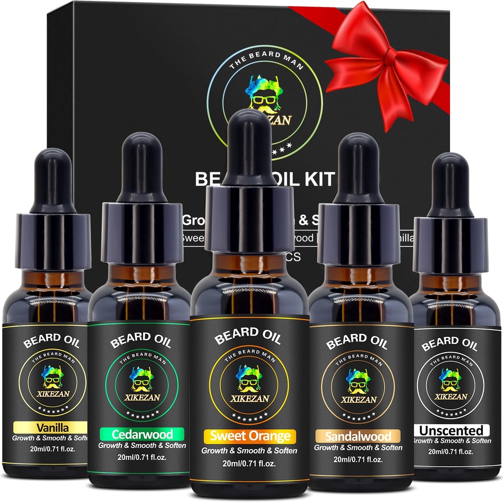 XIKEZAN 5 パック ベアード オイル セット w/Sandalwood、オレンジ、バニラ、Cedarwood、Beard Care、Moisturizing、Soften、Birthday ギフト メンズ ヒム お父さん 夫 クリスマス ギフト ストファー