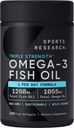 Sports Research Triple Strength Omega 3 Fish Oil - Burpless Fish Oil Supplement w/EPA & DHA Fatty Acids from Wild Caught Fish - Heart, Brain & Immune Support for Men & Women - 1250 mg, 150 ct
