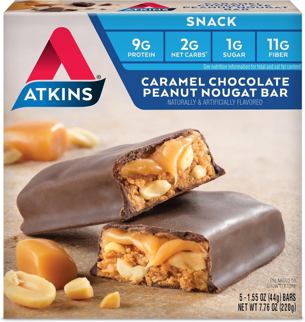 Atkinsのキャラメル チョコレートピーナツのヌーガの軽食棒、繊維の蛋白質の軽食、繊維で高い、2g砂糖、ケトの友好的、5の計算