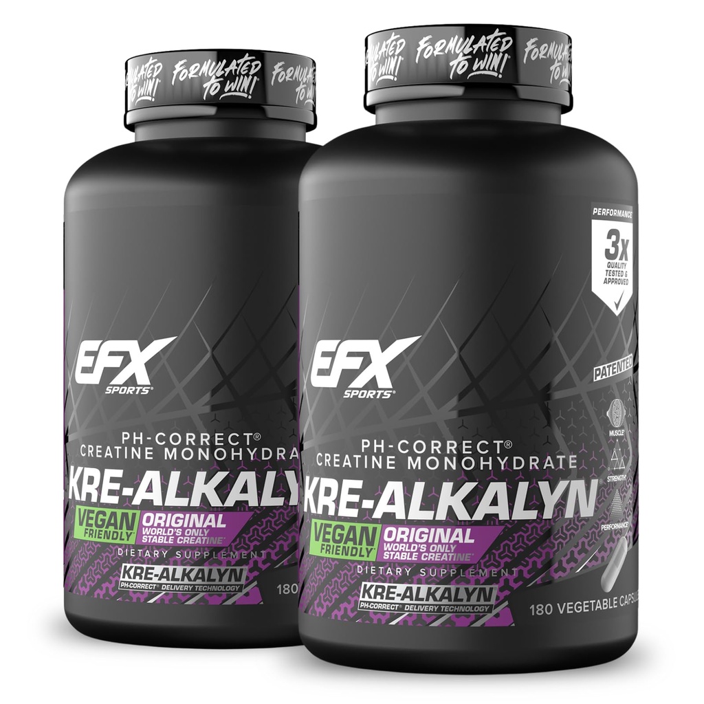 EFX Sports Kre-Alkalyn EFX | pH 補正クレアチン モノハイドピルサプリメント | ビーガンフレンドリー | 強度と筋肉の成長 | 90 便益, 180 野菜カプセル (パック 2)