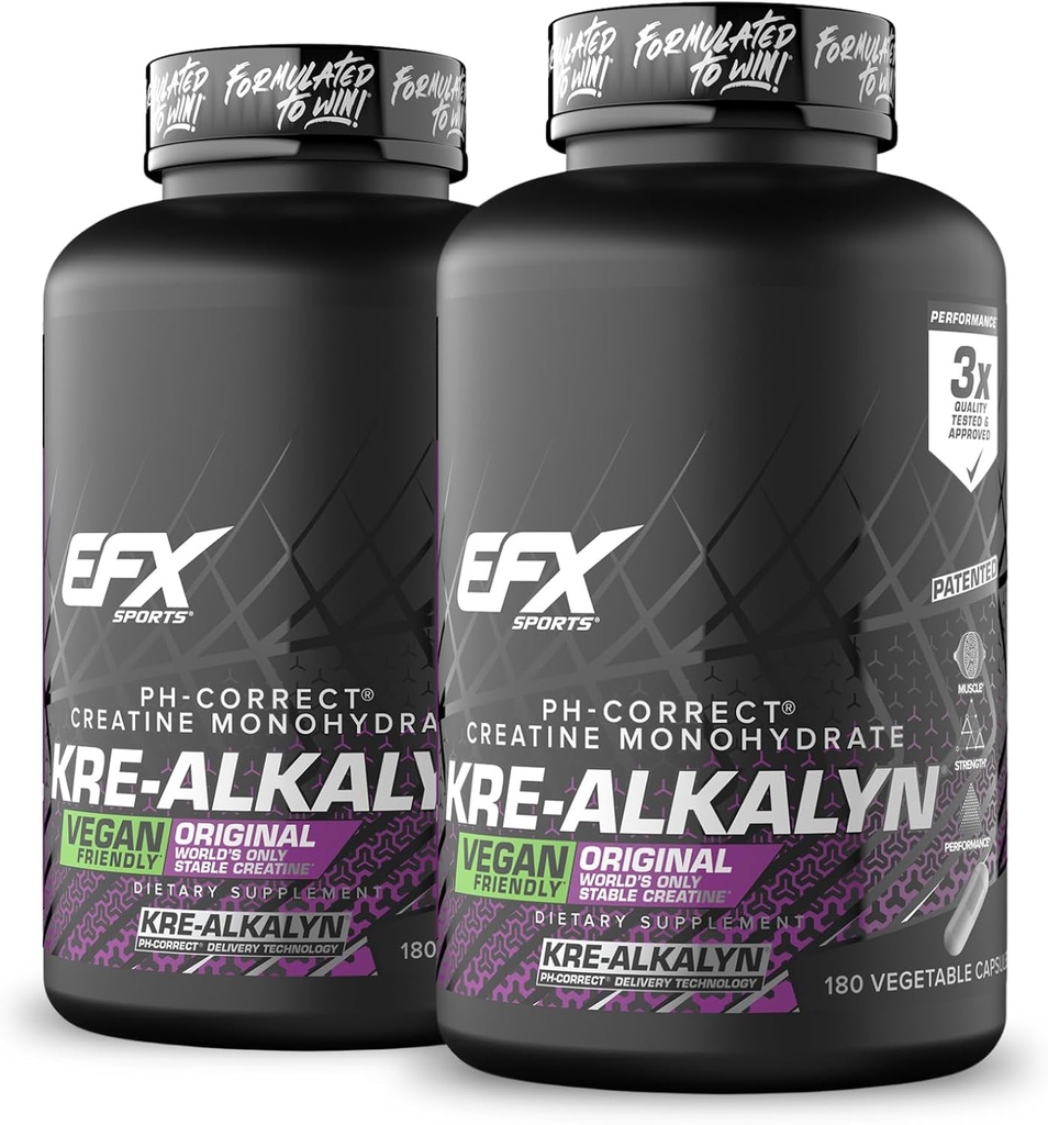 EFX Sports Kre-Alkalyn EFX | pH 補正クレアチン モノハイドピルサプリメント | ビーガンフレンドリー | 強度と筋肉の成長 | 90 便益, 180 野菜カプセル (パック 2)