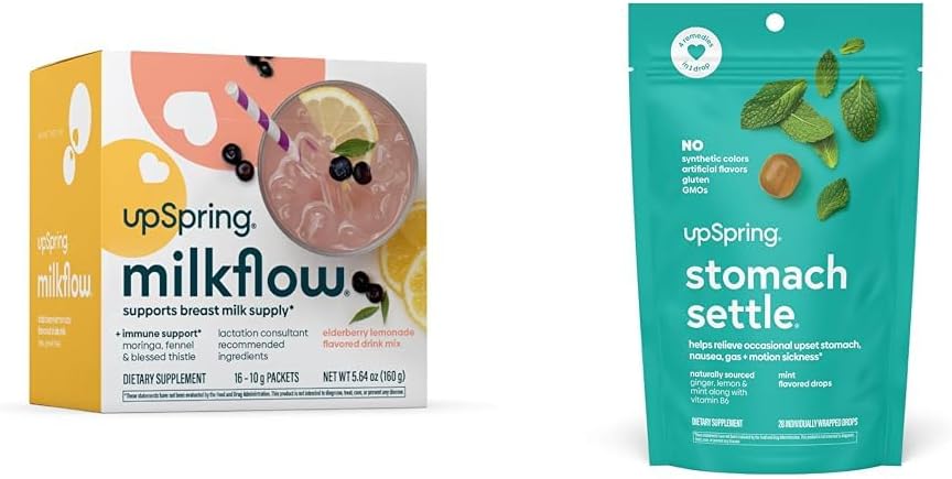 UpSpring Stomach Settle Drops, Mint Flavour, 28 Ct+Milkflow Breastfeeding Supplement Drink Mix with Moringa & Blessed Thistle, No Fenugreek |Elderberry Lemonade Flavor | 16 ドリンクミックス