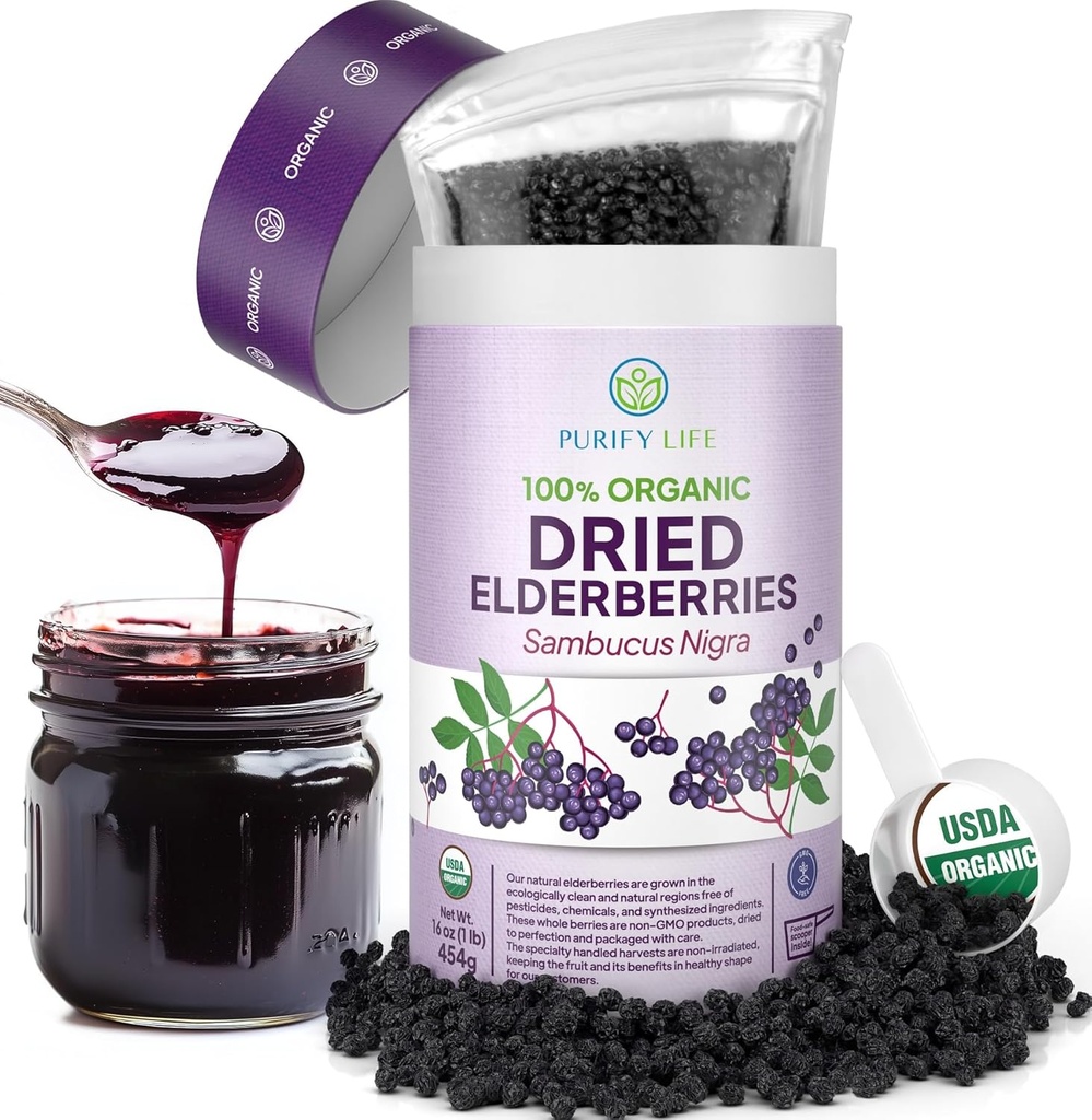 USDA Organic Dried Elderberries 1lb Bulk (Safest Packaging, Resealable Bag, BPA-Free Scoop) Natural, non-irradiated, Raw Whole Black Elderberry, Immune Support, Make Sambucus Elderberry Syrup, 1 Pound