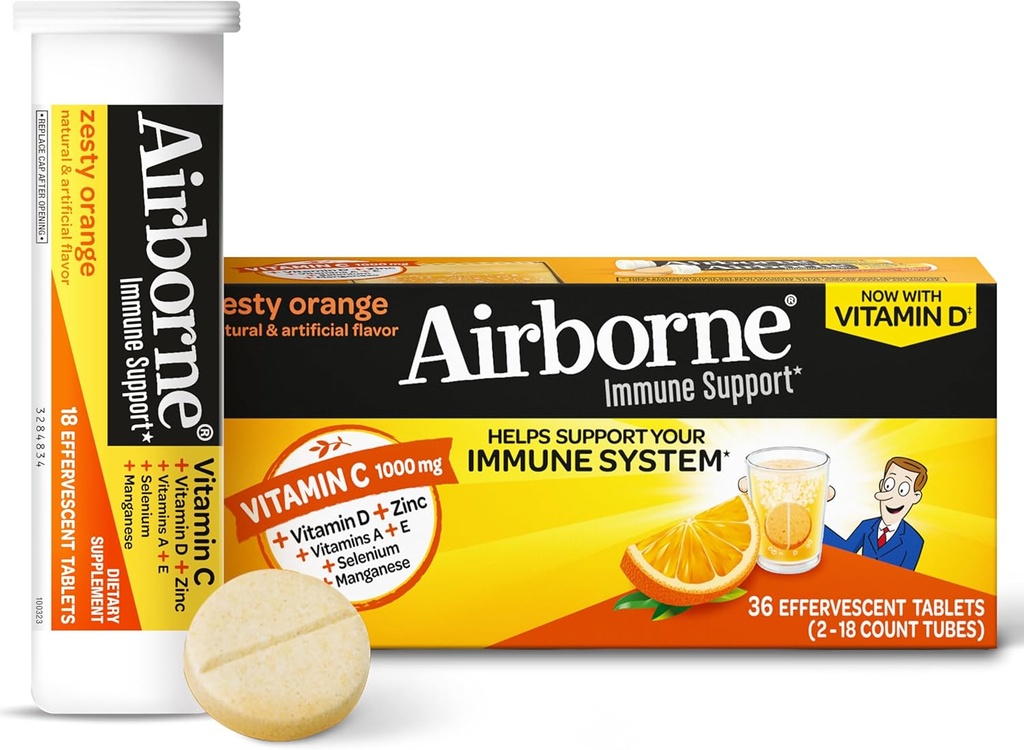 ビタミンC 1000mg(一食当たり) - エアボーンゼスタイオレンジエフェライト錠(36カウントボックス)、ビタミンA C E、亜鉛、セレン、エキナセア&ジンジャーとグルテンフリー免疫サポートサプリメント