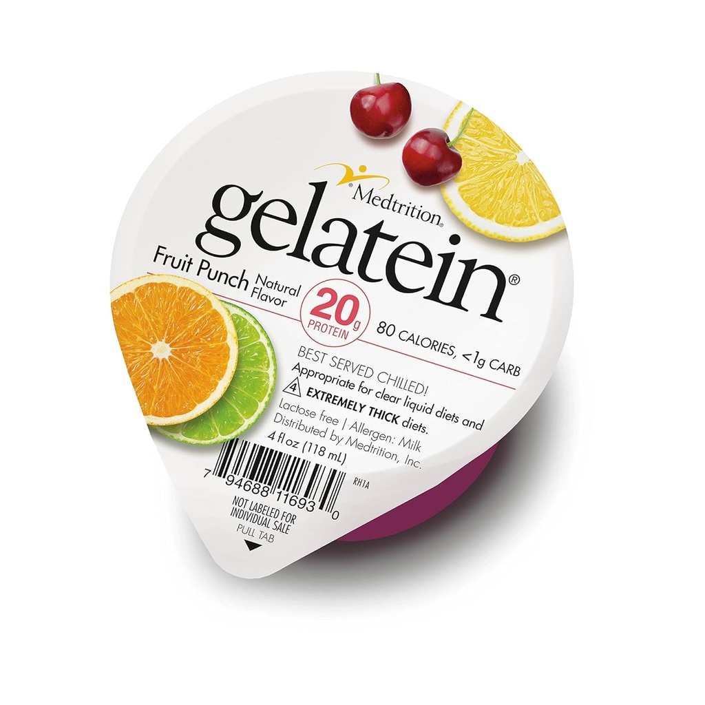 Gelatein Fruit Punch: 20 grams of protein. Sugar free. Ideal for clear liquid diets, swallowing difficulties, bariatric, dialysis and oncology. Great pre or post-workout snack. (12 pack)…