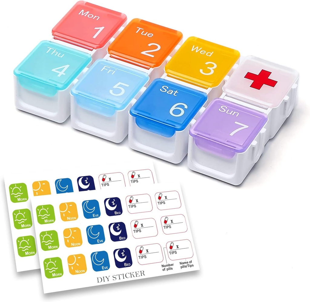 薬のオルガナイザー、DIY旅行ウィークリーピルオルガナイザーケース、毎日のピルボックス/容器7日、ピルディスペンサー/ビタミン/魚油のための容器(1日、虹)