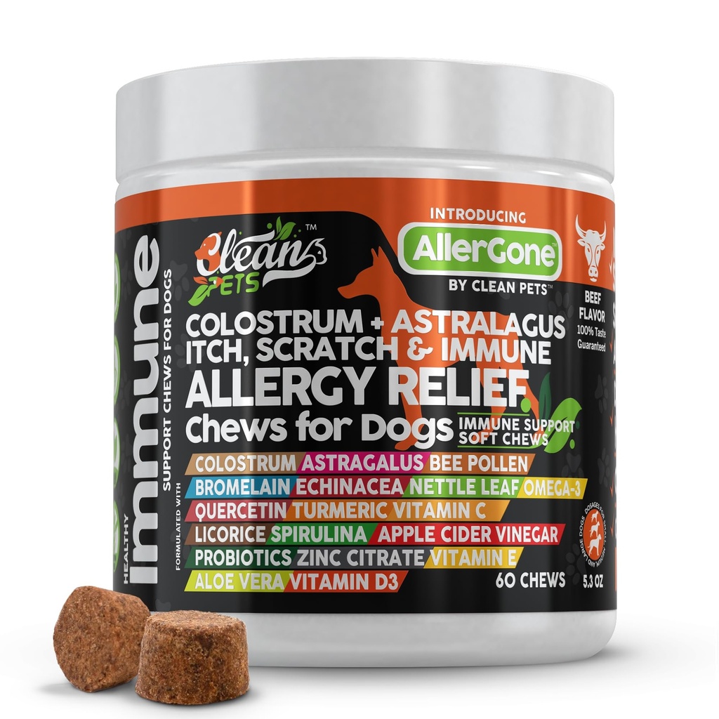 犬のアレルギー救済の咀嚼 | 犬のためのかゆみの皮膚の救済 | Colostrum Astralagus Omega 3蜂Pollen Bromelain Echinacea Nettle Leaf Quercetin Licorice Root Spirulina ACV 免疫 - 1のパック