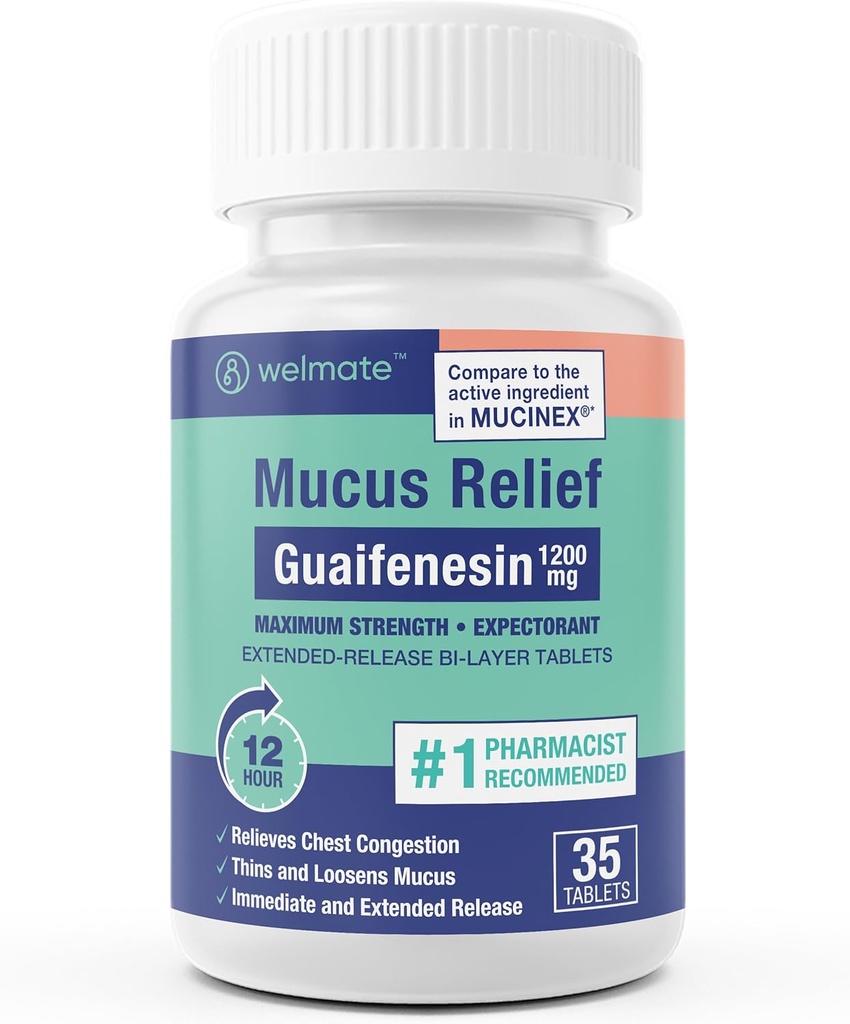 WELMATE - Guaifenesin 1200mg (35錠) - Mucusリリーフ - Expectorant - 咳と風邪 - 12 Hrサポート - 延長リリースバイレイヤタブレット - 市販薬