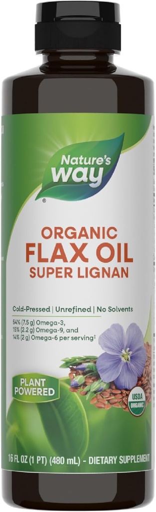 Nature's Way Organic Flax Oil Super Lignan, Omega-3, 6, 9 Fatty Acids(1), Cold-Pressed, Unrefined, Hexane Free, 16 Fl Oz (Packaging May Vary)