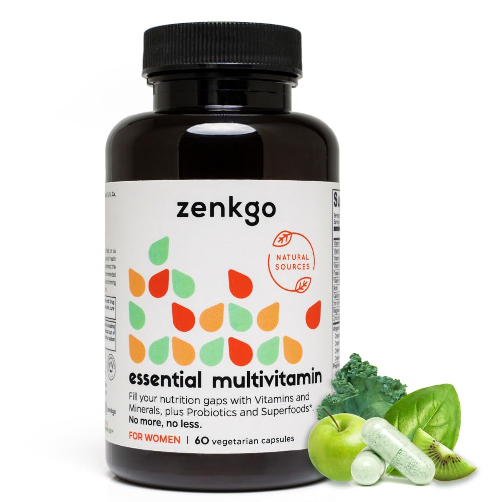 Zenkgo の Multivitamins + 女性のための有機的な全食糧+プロバイオティクス、サポート免除、消化器、エネルギー、腸の健康、ビタミン A、E、B6、B12、ビーガン D3、K2 (MK-7)、葉酸塩、鉱物、スーパーフード(60Ct/30Day)