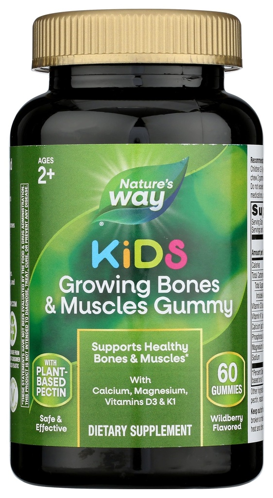Nature's Way Kids Growing Bones & Muscles Gummiesは、健康な骨と筋肉をサポートしています*、Calcium、マグネシウム、ビタミンD3&K1、年齢2 +、ワイルドベリー風味、60グミ(パッケージ5月Vary)