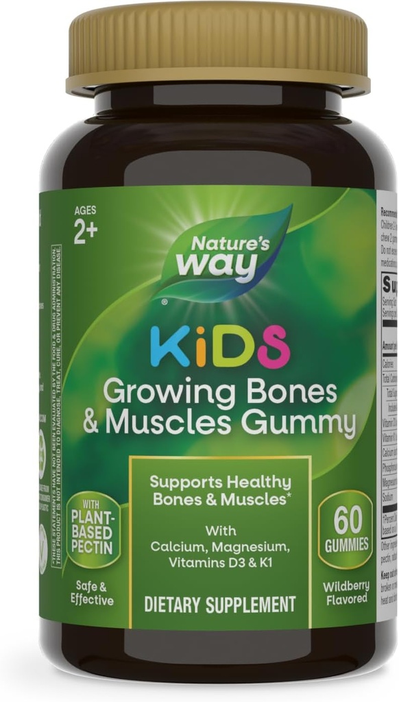 Nature's Way Kids Growing Bones & Muscles Gummiesは、健康な骨と筋肉をサポートしています*、Calcium、マグネシウム、ビタミンD3&K1、年齢2 +、ワイルドベリー風味、60グミ(パッケージ5月Vary)
