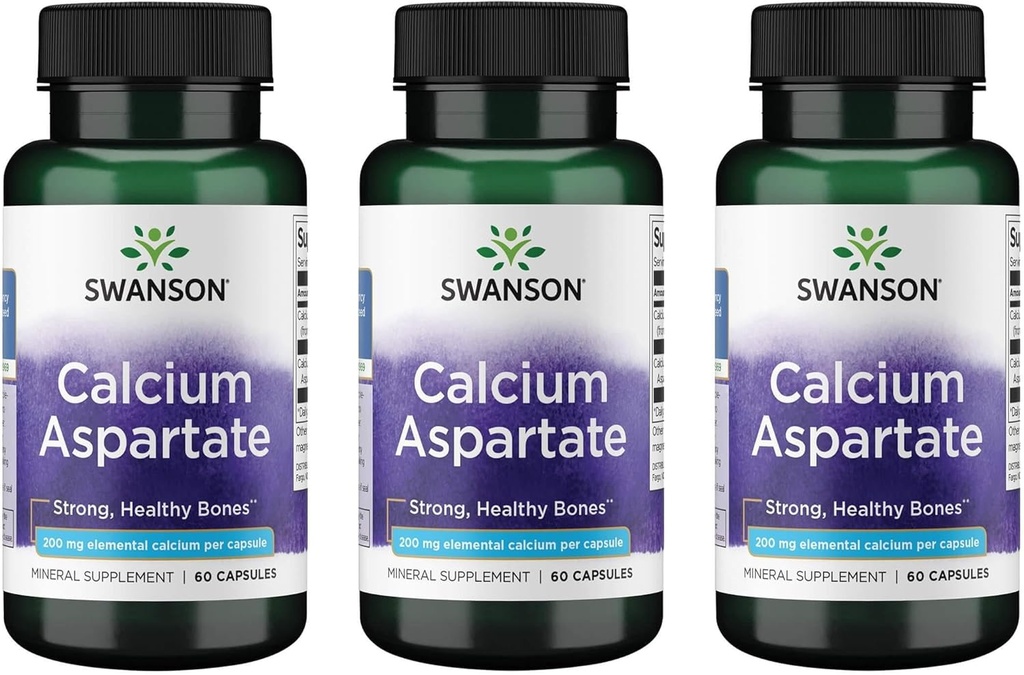 スワンソンカルシウムアスパルテート - 骨、心、筋肉の健康を促進するハーブサプリメント - 総体ウェルネスを促進する天然式 - (60カプセル-200mg各) (3パック)