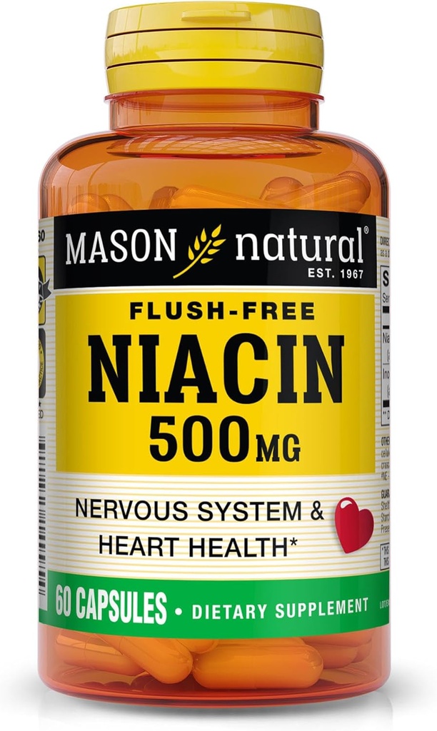 MASON NATURAL Niacin 500 mg Flush-Free, Supports Heart Health, Nervous System & Energy Production, 60 Capsules