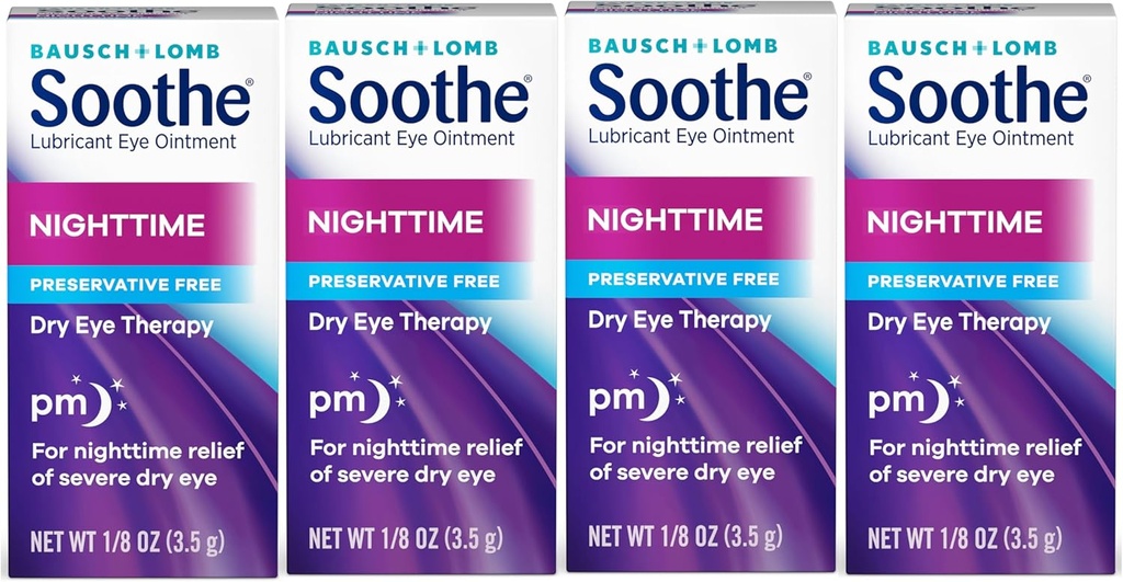 Soothe Eye Ointment by Bausch & Lomb, Lubricant Relief for Dry Eyes, Moisturizing & Comforting Nighttime Dry Eye Therapy, Suitable for Sensitive Eyes, Preservative Free, 3.5 g - 4 Pack