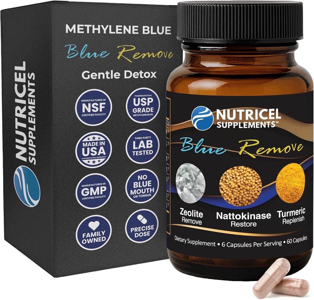 Nutricel Methylene Blue Capsules with Micronized Zeolite, Nattokinase (Non-GMO), Turmeric, Bromelain, and NAC - Trusted Made in America Brand - 18mg (USP Reference Compliant) Third Party Tested (60ct)
