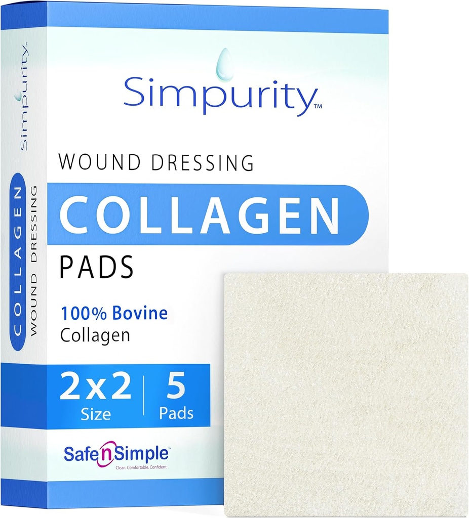 Collagen Dressing Pads - 2" x 2" 5 Count Collagen Pads for Wounds - Non-Adherent Collagen Dressing for Wound Care - Safe n' Simple Wound Care Supplies