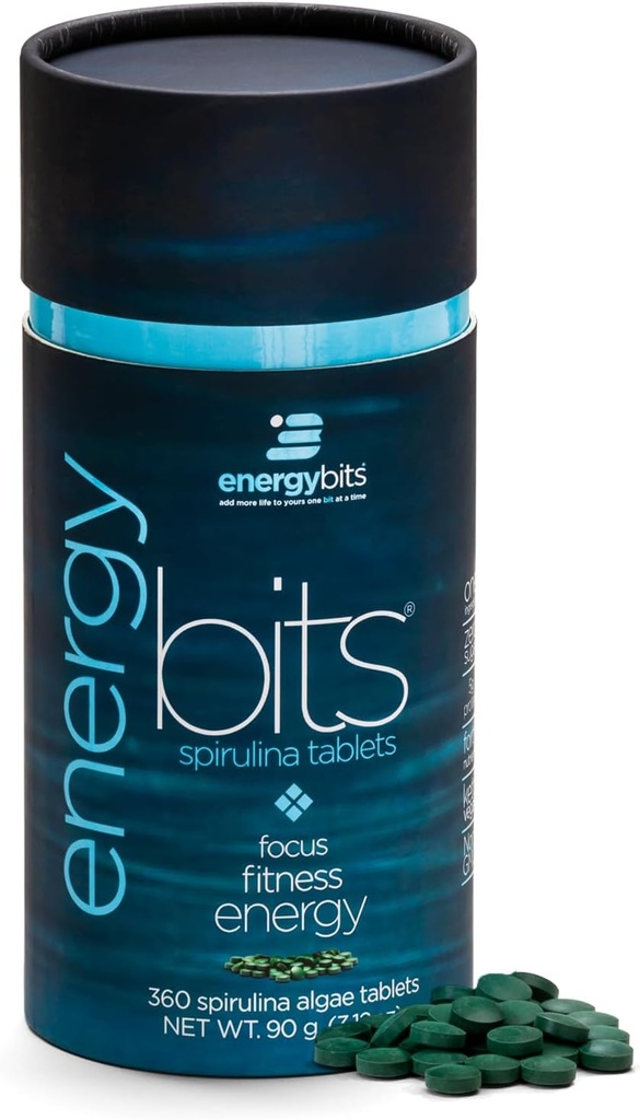 ENERGYBITS - 有機スピルリナ錠 - 植物ベースの藻類スーパーフード - 焦点、フィットネス、エネルギー - 植物タンパク質 - グルテンフリー - コラーゲン、ビタミンB12、オメガ3 - Keto&Vegan - 360 Algae錠