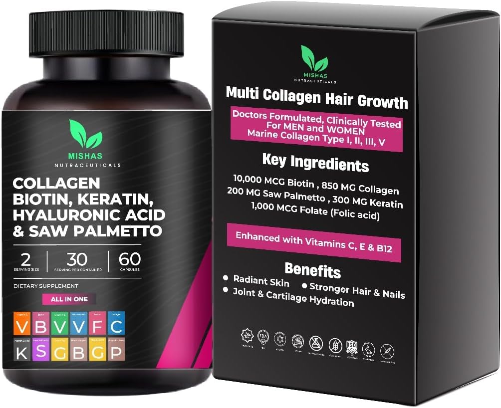 Multi Collagen Hair Pills - Biotin 10,000mcg, Keratin & Hyaluronic Acid - Hair Growth - Hair Skin & Nails Vitamins & DHT Blocker - Vitamin E Folic Acid Pumpkin Seed MSM, Saw Palmetto 60 Vegan Capsules