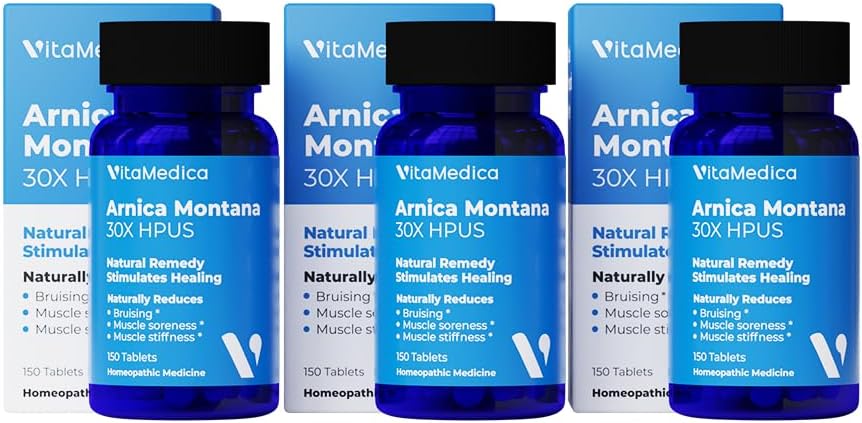 VitaMedica Arnica Montana 30Xホメオパシー錠 for 美肌と腫れ | 植物由来のフォーミュラ | プラスチック外科医 | 自然回復手術や怪我 | 3パック | 150 摂食