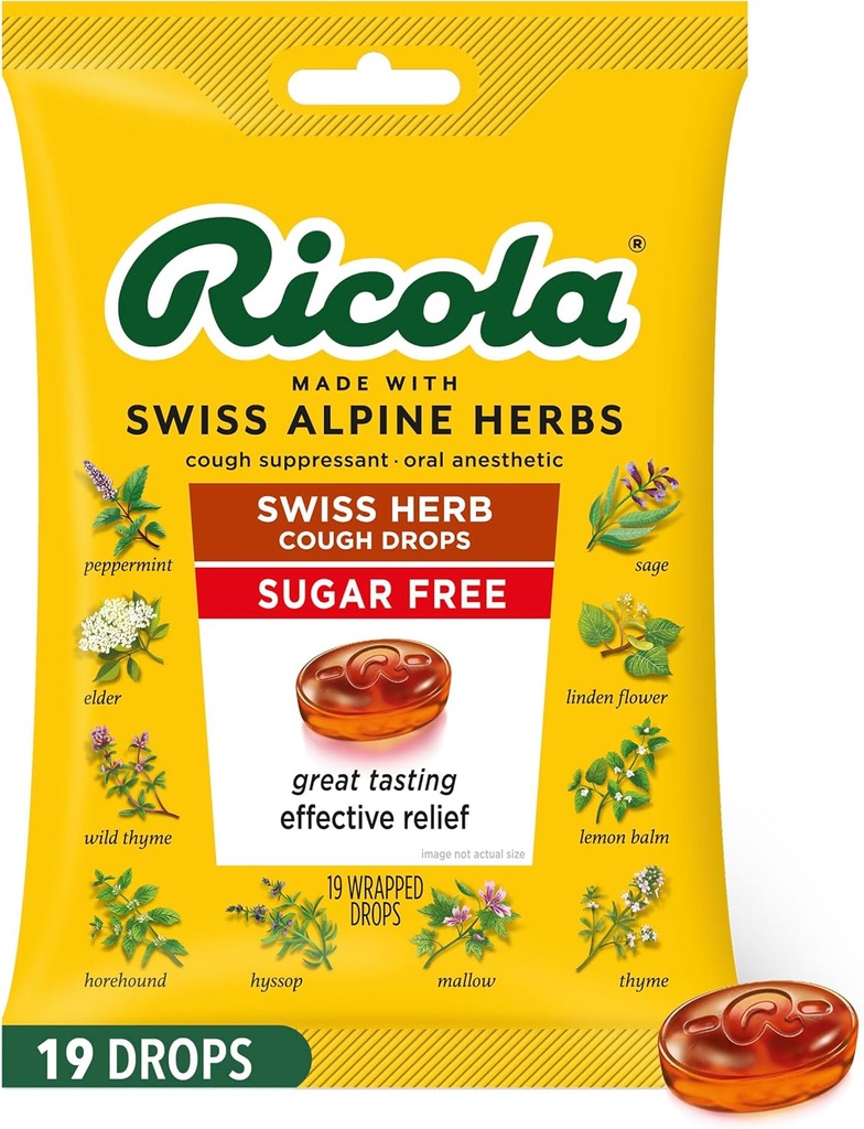 Ricola Sugar Free Swiss Herb Cough Drops, 19 Count, Cough Suppressant & Throat Relieving Drops with Naturally Sourced Menthol, Pleasing Taste for Coughs & Throat Irritation Symptom Relief