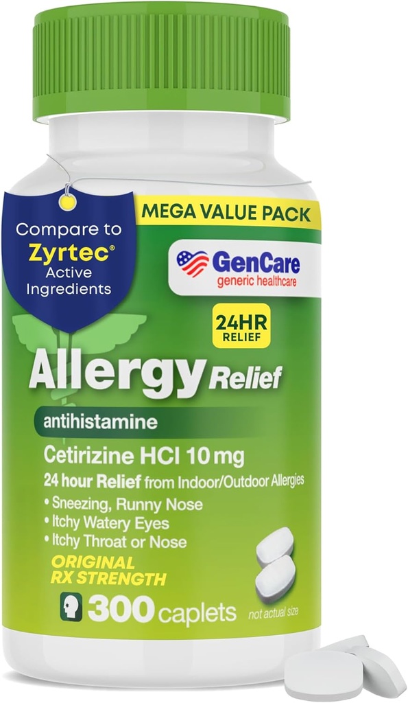 GenCare - Cetirizine HCL 10 mg (300 カプレット) - 24 時間アレルギー救済ピル - 非 Drowsy ジェネリック OTC アレルギー薬 - 鎮静のための抗ヒスタミン薬、鼻鼻鼻とかゆ目の鼻 - ジェネリック Zyrtc