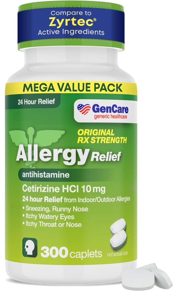 GenCare - Cetirizine HCL 10 mg (300 カプレット) - 24 時間アレルギー救済ピル - 非 Drowsy ジェネリック OTC アレルギー薬 - 鎮静のための抗ヒスタミン薬、鼻鼻鼻とかゆ目の鼻 - ジェネリック Zyrtc