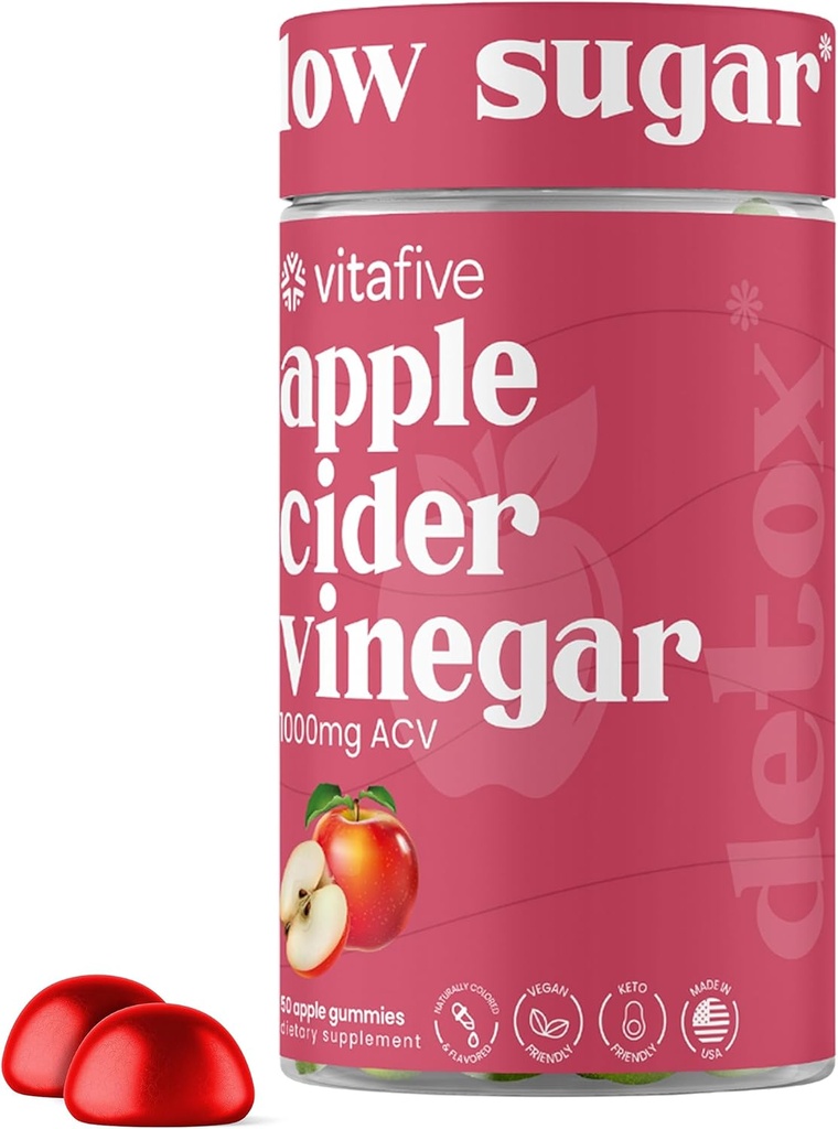 vitafive Apple Cider Vinegar Gummies, 500mg of Apple Cider Vinegar per Gummy, Boost Gut Health, Colon Support, Vegan, Gluten Free (50 Ct)