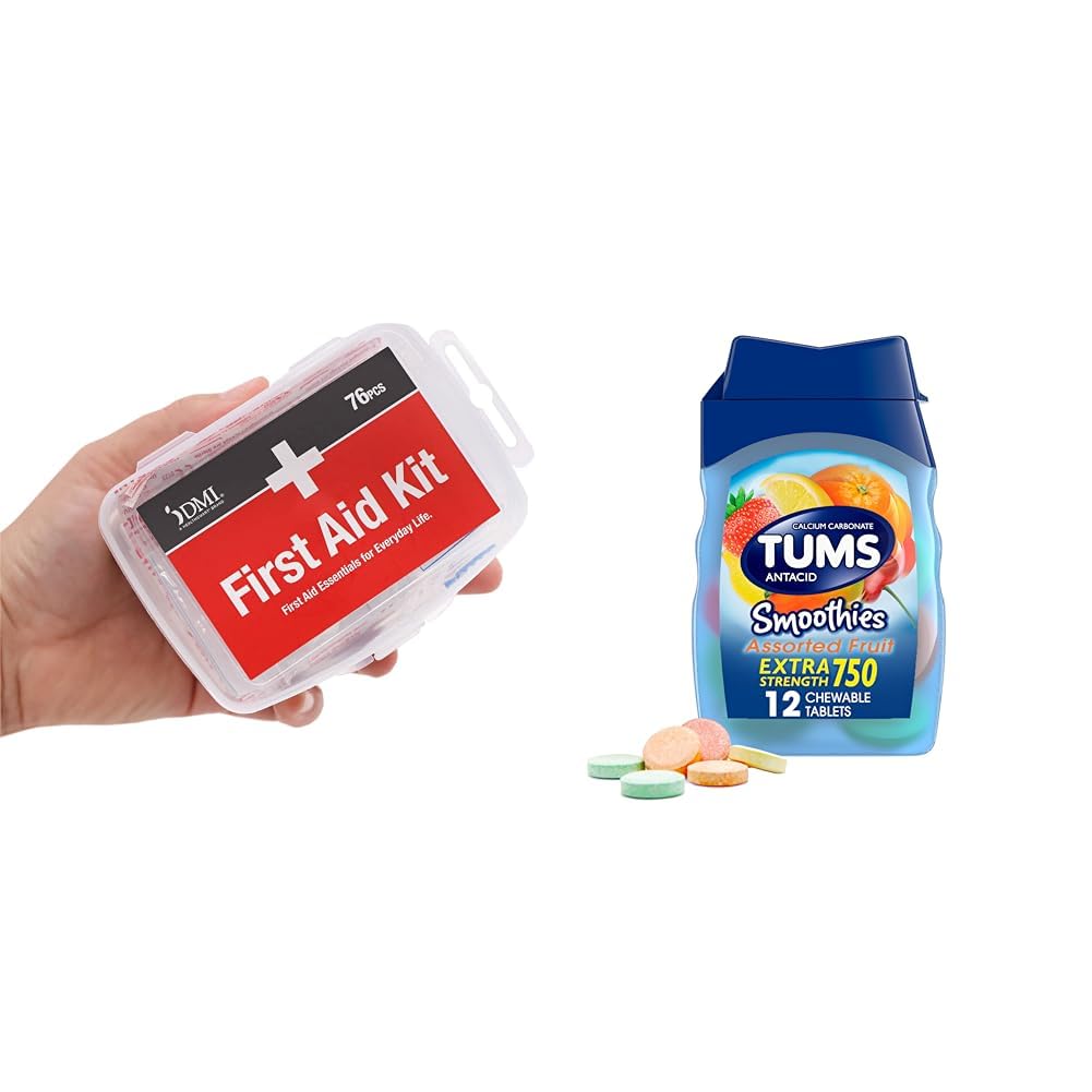DMI 76-Piece最初の援助キットとTUMS 12カウントスムージー余分な強度750mgカルシウム炭酸アントケーブタブレットバンドル