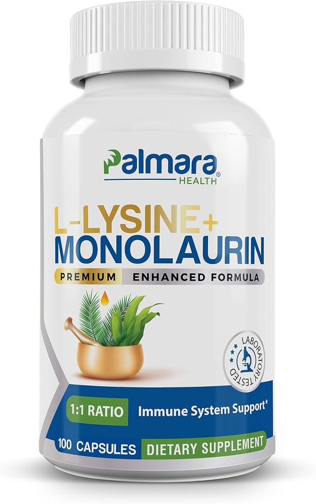 Palmara Health L-Lysine + Monolaurin 600mg 1:1 Ratio, 1 Pack, 100 Capsules