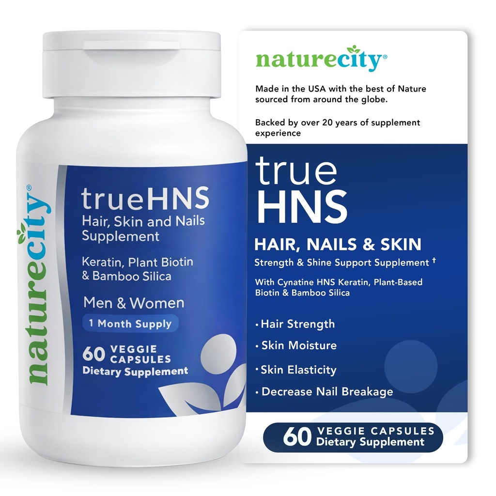 NatureCity True-HNS ヘアネイルと肌のキナチンケラチンと植物ベースのビオチンビタミンサプリメント | 完全で強力な髪と爪 | 非GMO | 60 Veggie Capsule
