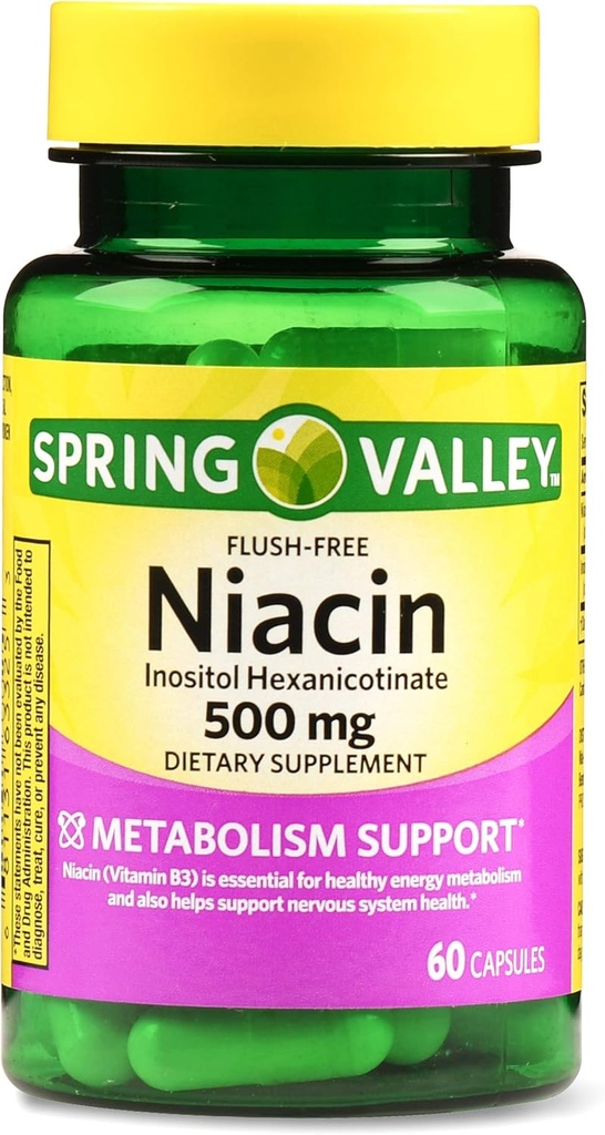 Spring Valley Flush-free Niacin 500 mg Metabolism Support, 60 Capsules (Pack of 2)