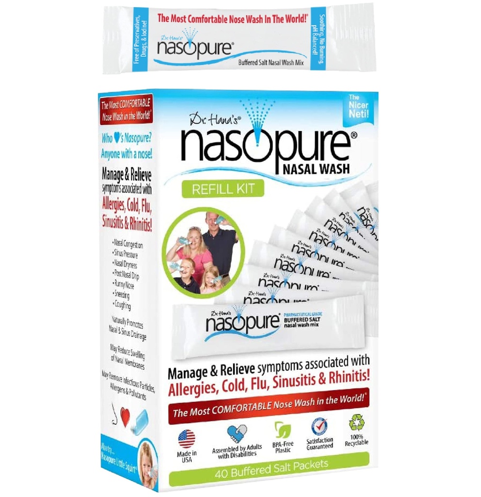 Nasopureの鼻の洗浄、詰め物のキット、「The Nicer Neti Pot」のSinusの洗浄のキット、快適なNasalのリンス40の塩のパケット(3.75グラムそれぞれ)、鼻の輻輳、風邪、フルで、アレルギー、鼻の潅漑システム、乳