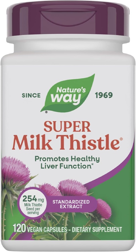 Nature's Way Super Milk Thistle, Promotes Healthy Liver Function*, With Artichoke Leaf, Dandelion Root & Licorice Root Extracts, Milk Thistle Extract, Gluten Free, 120 Capsules (Packaging May Vary)