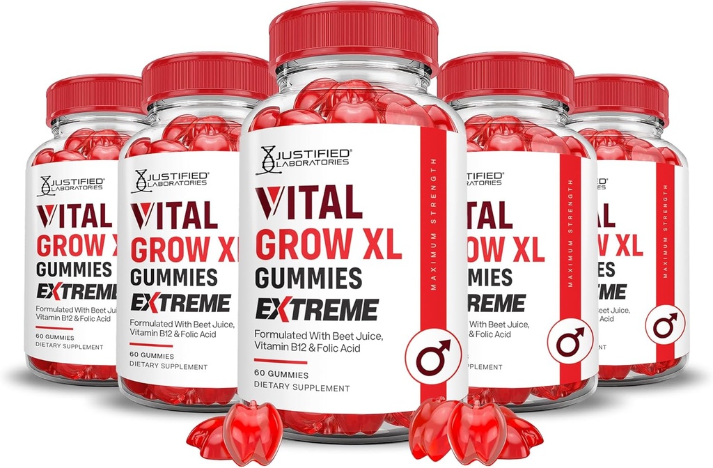 Justified Laboratories (5 Pack) Vital Grow XL Extreme 2000MG Performance Gummies Advanced Formula Formulated with ACV Pomegranate Beet Juice Powder B12 Vegan Non GMO 300 Gummys