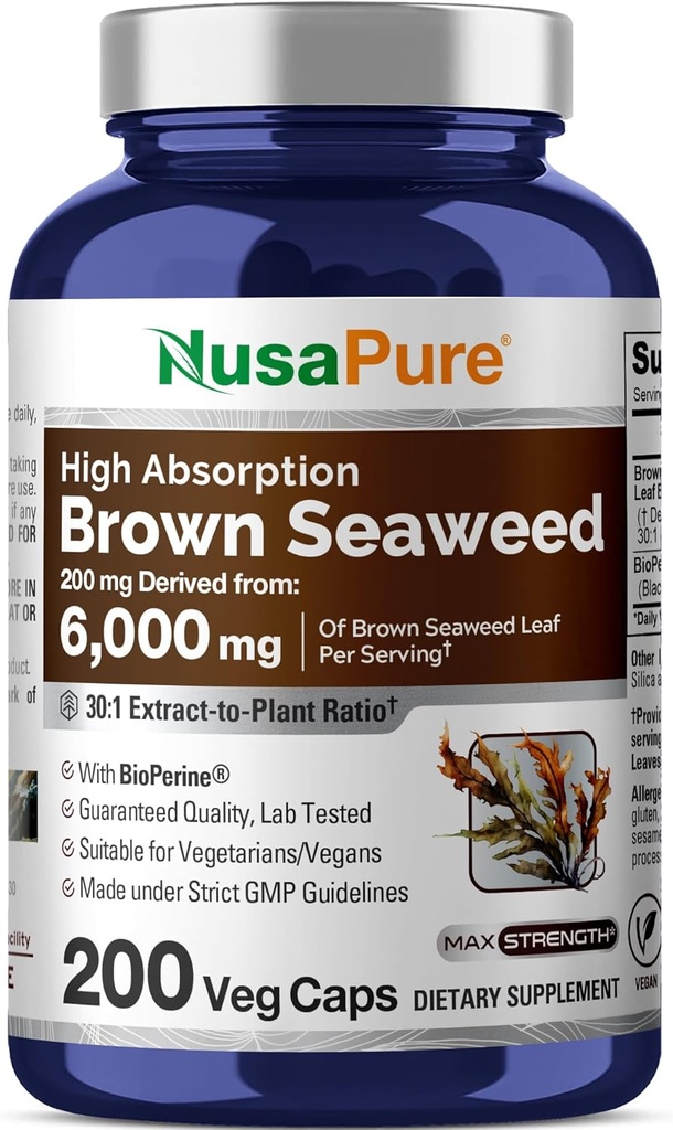 NusaPureブラウンシーイード30:1抽出物、6000mg 200ベジーカプセルと等価200mg - (Vegan、非GMOバイオパーリン)