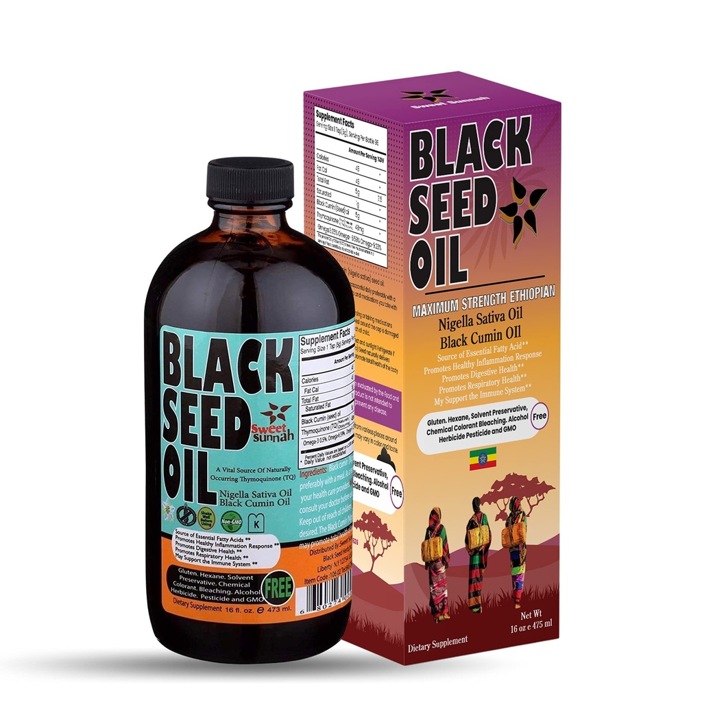 エチオピアンブラックシードオイル - 3.43% Thymoquinoneコールドプレスブラックカミンシードからピュアニゲラサティバ - 最初のプレスブラックシード非GMO改善 - 16 Ozガラスボトル甘いサンナ