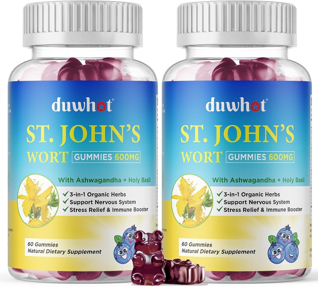St John's Wort Gummies 600mg、ストレス救済のための1つの有機ハーブサプリメント3、Nervousシステムサポート、アシュワガンダ&大人の子供のための聖バジル抽出物、非GMO、ビーガン、120カラット。