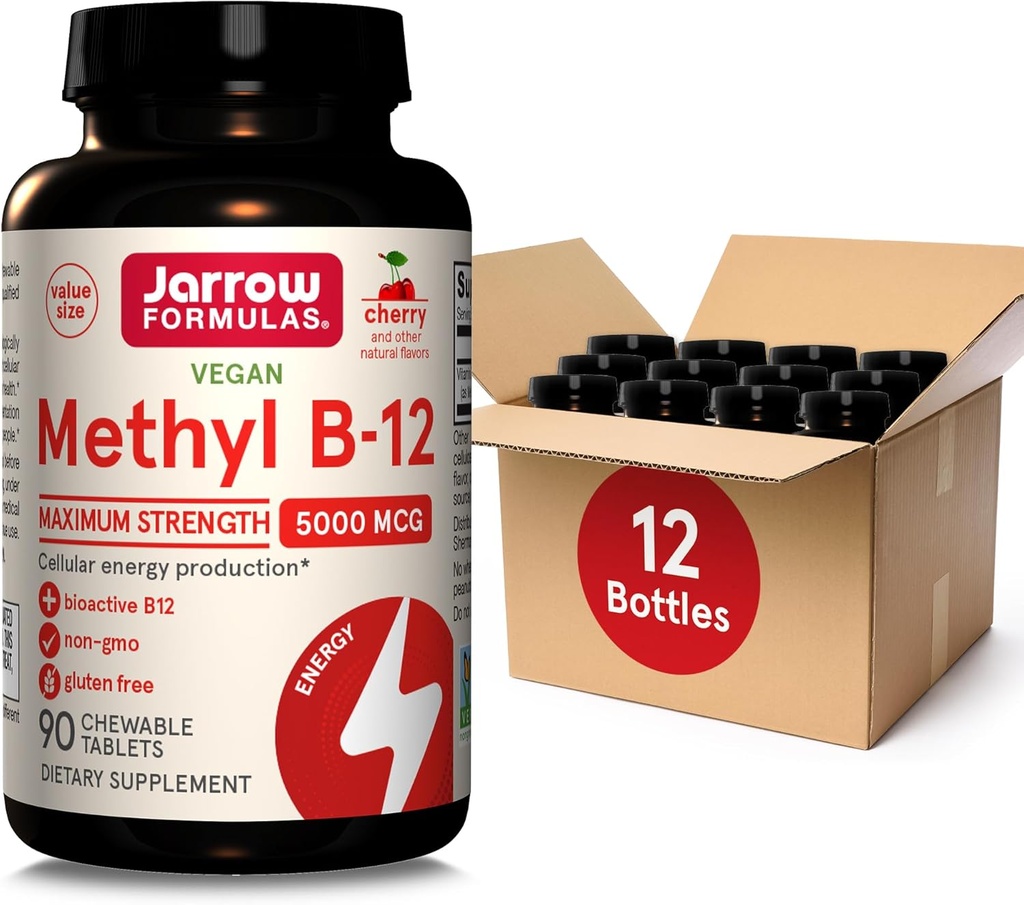 Jarrowフォーミュラ最大強度メチルB-12 5000 mcg栄養補助食品 - 90チェリーChewable錠 - バイオアクティブビタミンB-12 - セルラーエネルギー生産、睡眠と脳の健康をサポート(12パック)