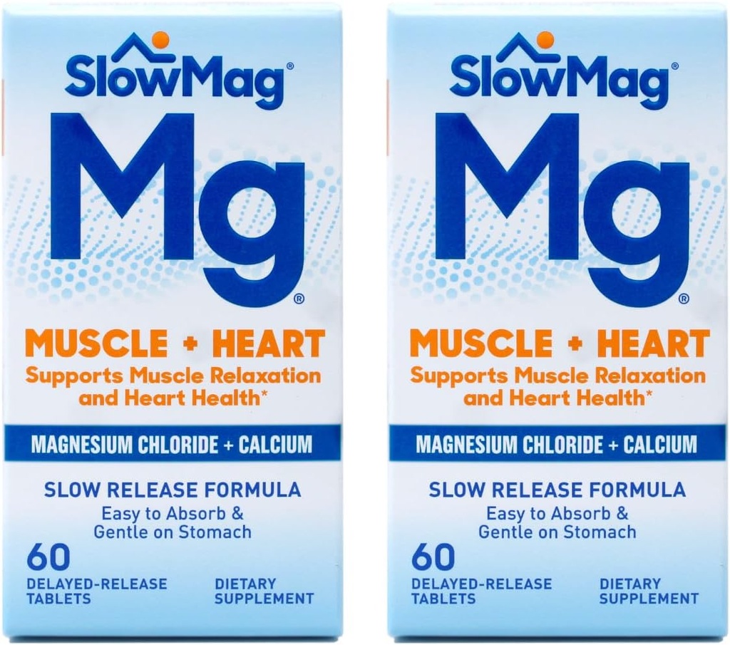 SlowMag Mgマッスル+ハート、筋肉のリラックスと心の健康をサポートします。 マグネシウムの塩化物+カルシウム、遅いReleaseのタブレット、吸収しやすく、Stomachの穏やかな。 60の計算(2)のパック