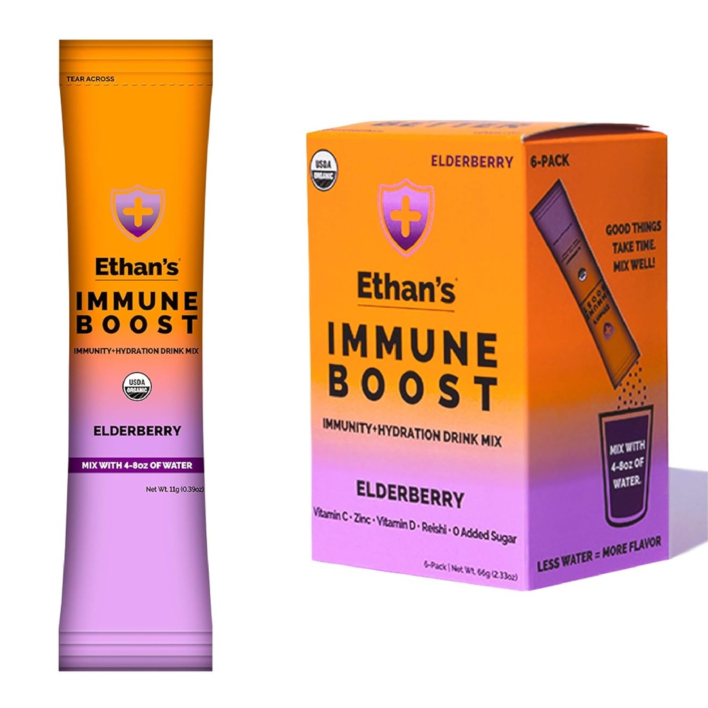 Ethanの有機性飲み物の組合せ、Elderberryの味、免除サポートおよび水和の粉のパケット、実質のフルーツ、ビタミンC、ビタミンD、亜鉛、加えられた砂糖(6パック)となされる