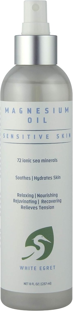 White Egret | Magnesium Oil Spray Sensitive Skin with 72 Ionic sea Minerals | Soothing, Nourishing, rejuvenating and Recovering Properties | 8 Fl Oz