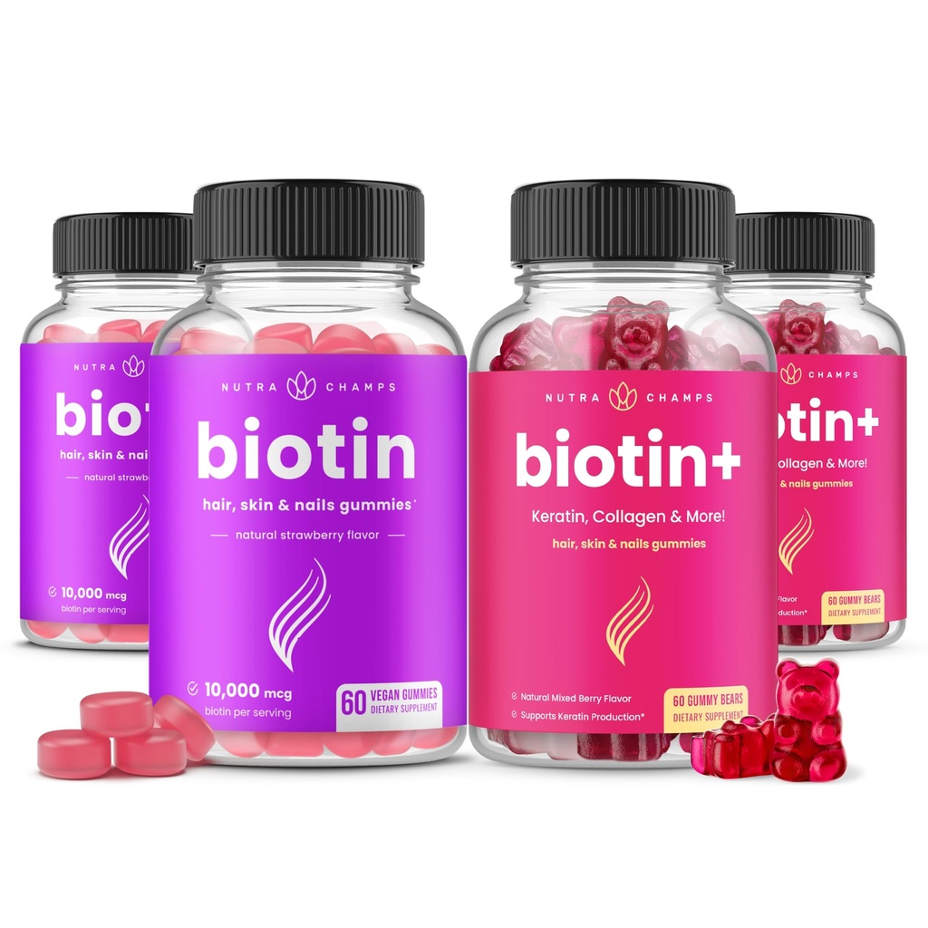 NutraChamps ビオチン&ビオチン+。 毛、皮および釘のための完全なDuo。 ビオチン、コラーゲン、ケラチン、その他