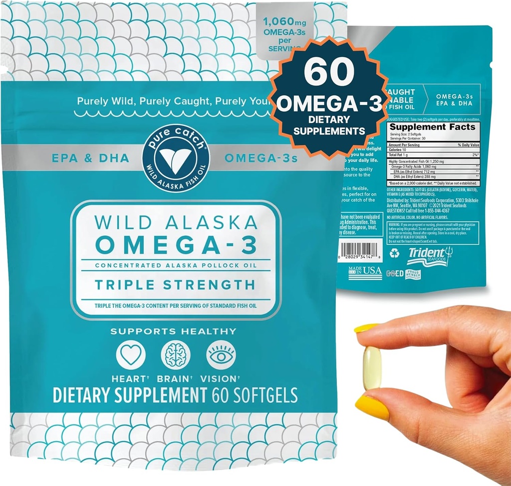 トリデントシーフードピュアキャッチワイルドアラスカフィッシュオイル1060mgトリプル強度オメガ-3女性と男性のための魚油サプリメント - EPAとDHA - 60Ct。 毎日のシトラスソフトゲルは、心臓、脳、およびビジョンをサポート