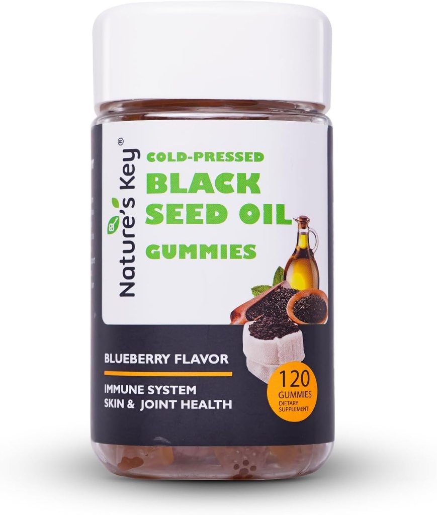 Nature's Key Black Seed Oil Gummies、Support Immunity、ジョイント、消化、ヘア&スキン | 冷間プレス、200mg Nigella Sativa Seed Oil、ビタミンC、ジンジャー、Pomegranate(ブルーベリー味120カウント)