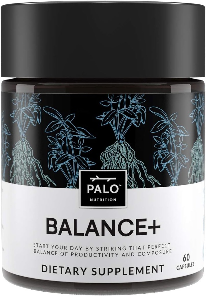 PALO Balance+ Mood Support Supplement with Adaptogens | マインド&ボディケア、ストレス救済エネルギーサプリメント | 100% プラントベース | アシュワガンダ、アストラガルス、ロディオラ、グリーンティー、60 カプセル