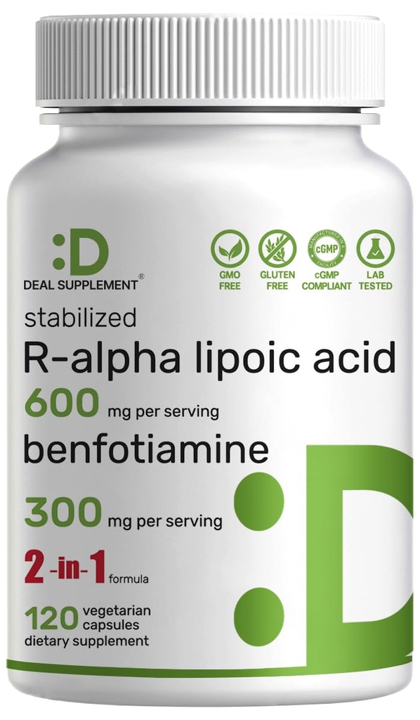 サービングごとのBenfotiamine 300mg、120のVeggieのカプセルが付いているDEALの補足Rアルファリポ酸600mg -カプセルごとの200mg R-ALA -エネルギー及び神経系サポートのための酸化防止の補足